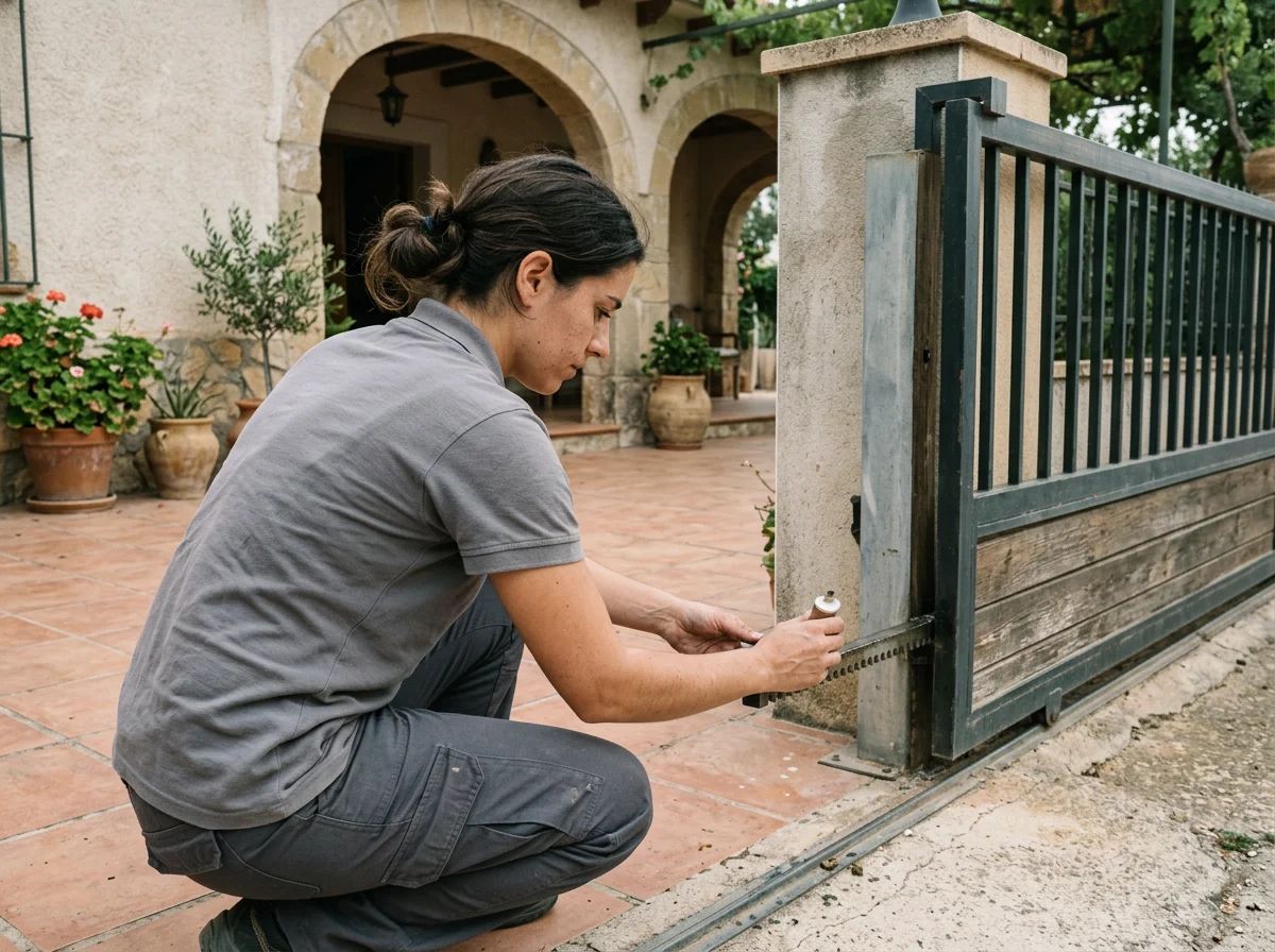 Automatismos de puertas en Tormos: técnico engrasando la cremallera de una puerta corredera