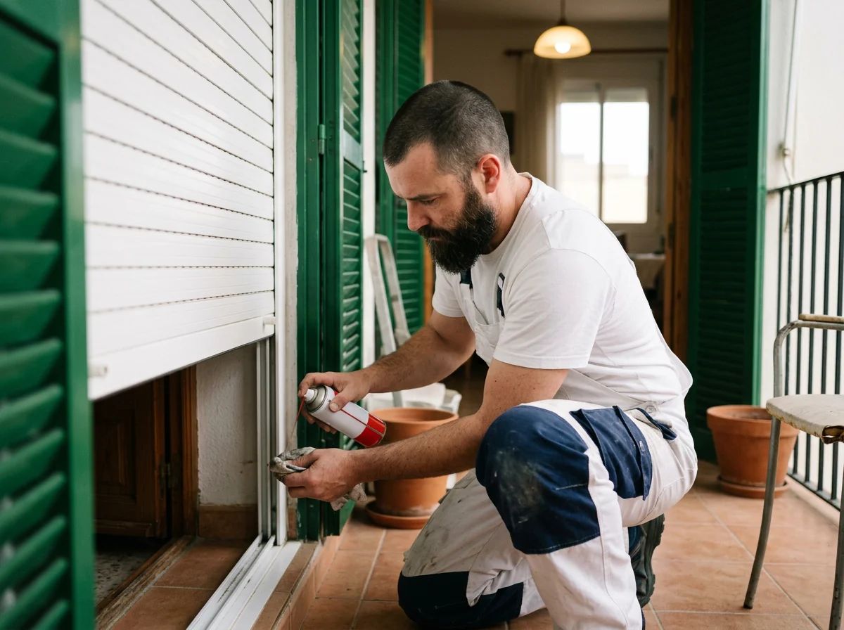Reparación de persianas en Pego: técnico limpiando y engrasando las guías de una persiana