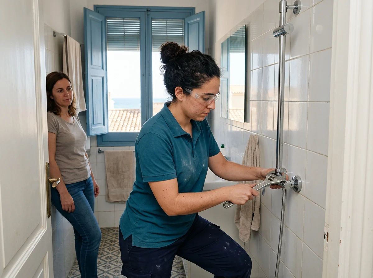 Fontaneros en Santa Pola: técnico instalando una columna de ducha