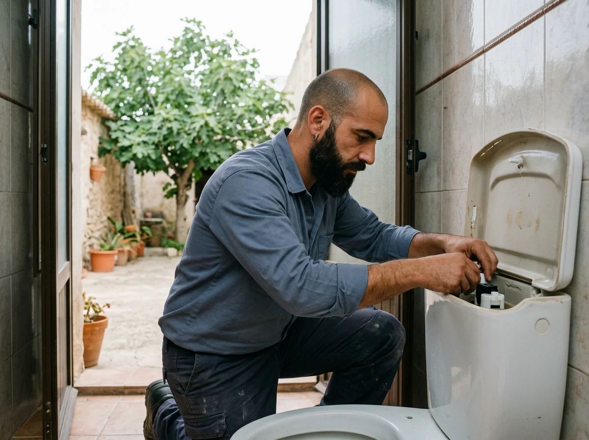 Fontaneros en Algueña: técnico reparando la cisterna del inodoro