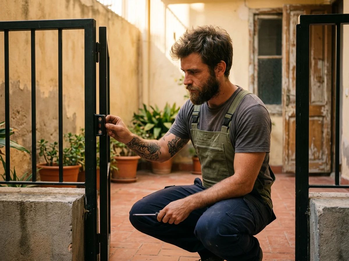 Automatismos de puertas en Alicante: técnico alineando las fotocélulas de una cancela