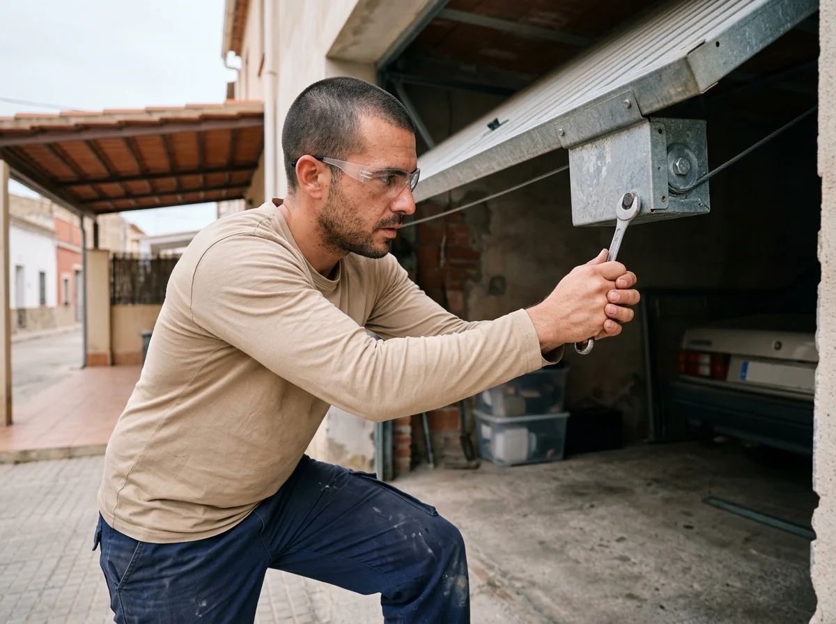 Puertas de garaje en Dolores: técnico ajustando el contrapeso de una basculante