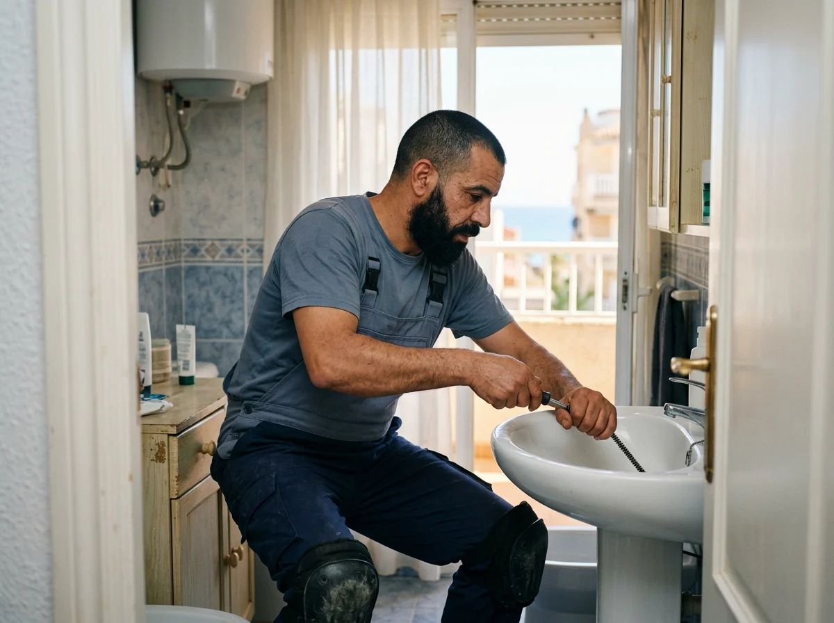 Desatascos en Orihuela: técnico desatascando un lavabo