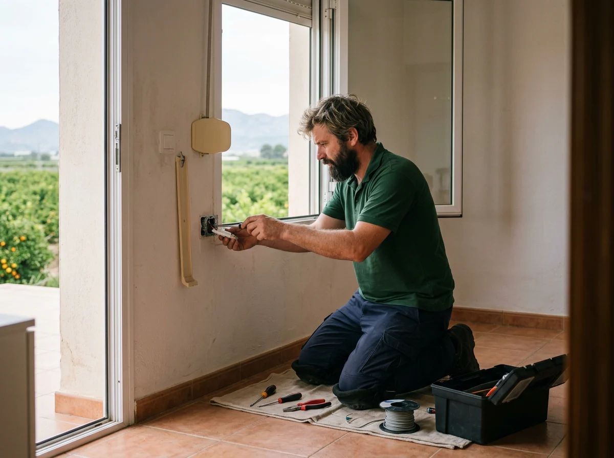Reparación de persianas en Benferri: técnico instalando el interruptor de una persiana motorizada