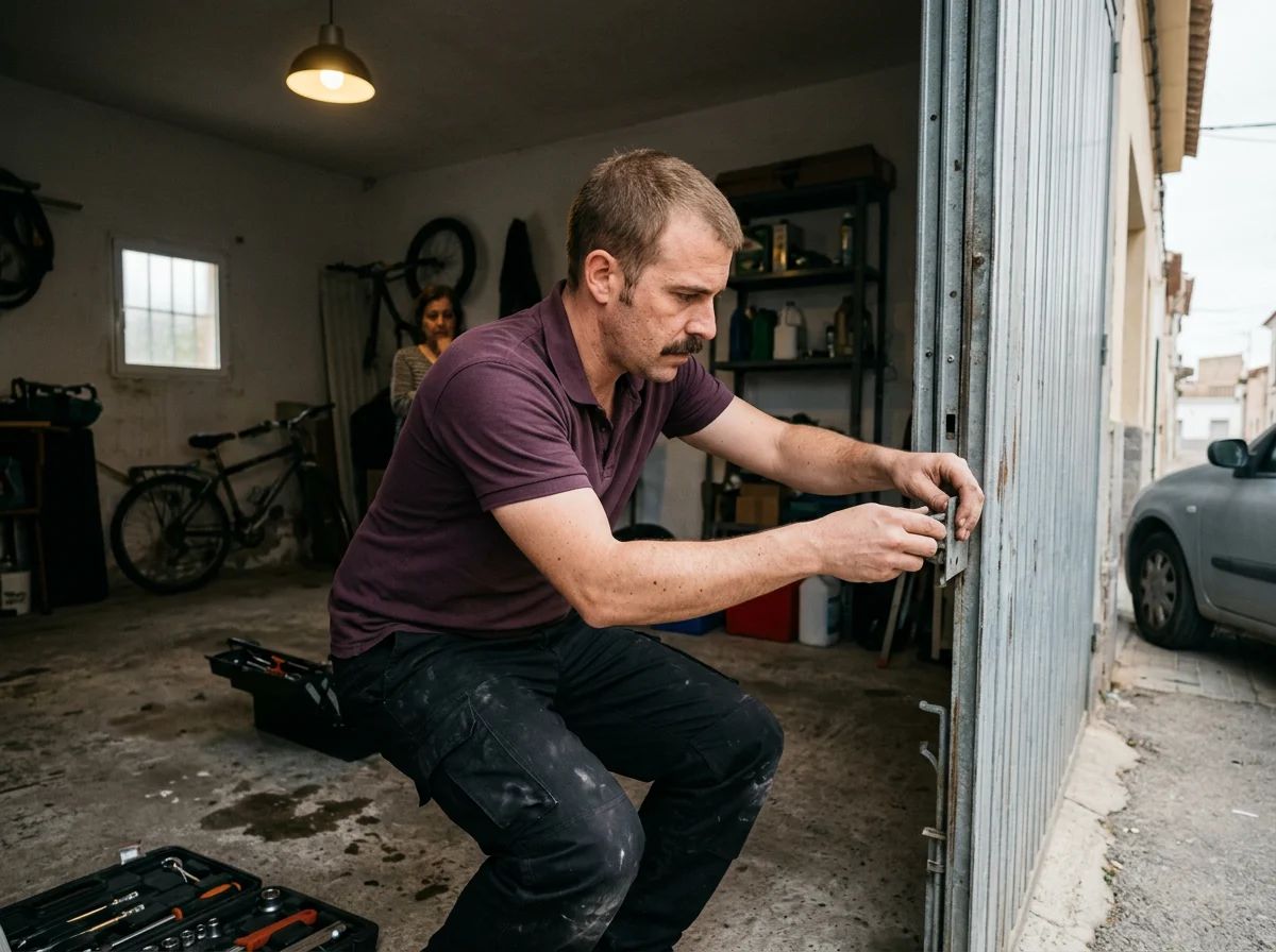 Puertas de garaje en Daya Vieja: técnico reparando las ruedas de una puerta de garaje