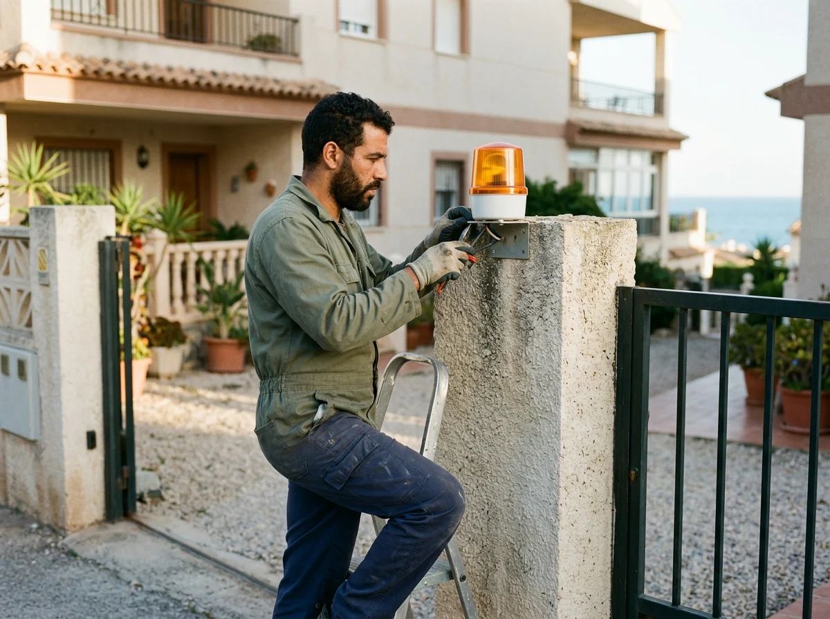 Automatismos de puertas en Benissa: técnico instalando la luz de aviso de una puerta automática