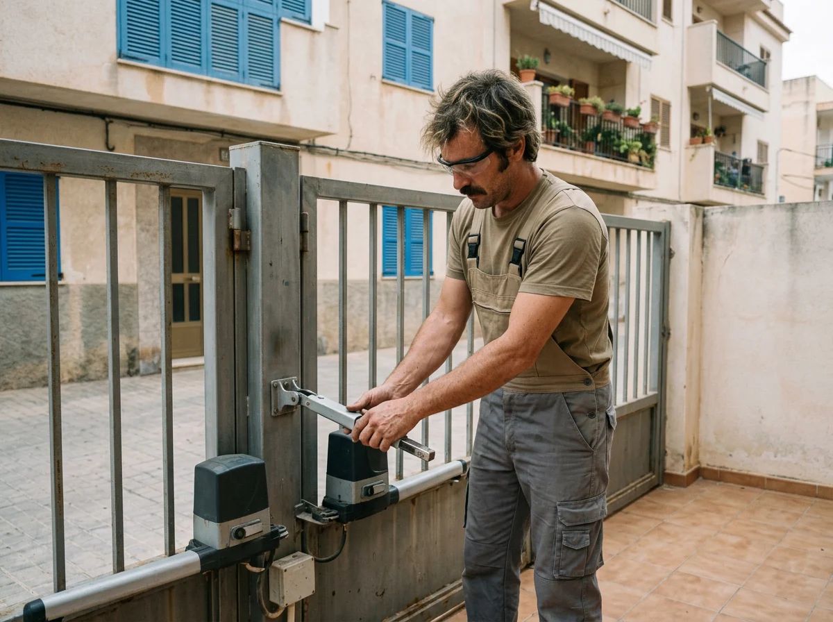 Automatismos de puertas en Jávea: técnico ajustando el motor de una cancela batiente