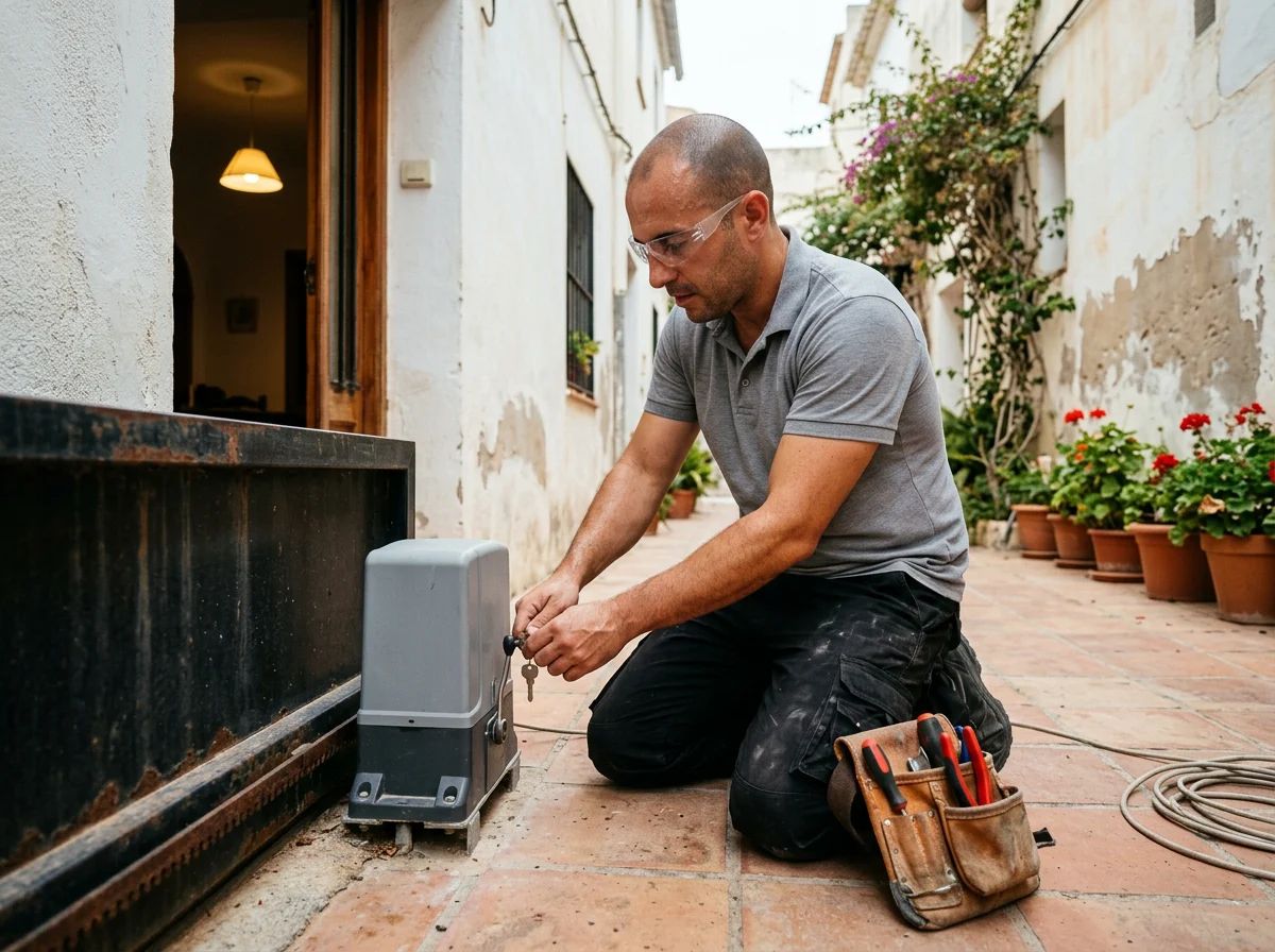 Automatismos de puertas en Villajoyosa: técnico probando el desbloqueo manual de un motor