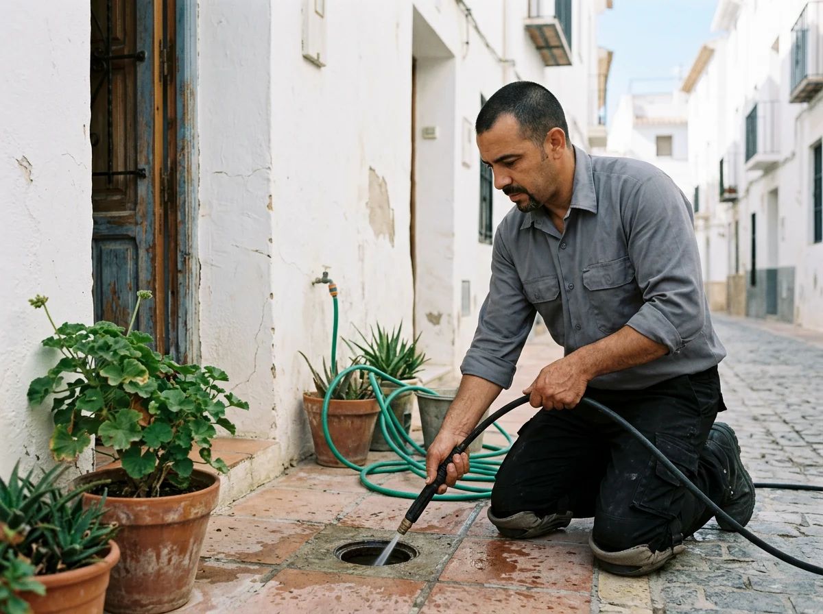 Desatascos en Calp: técnico desatascando con agua a presión
