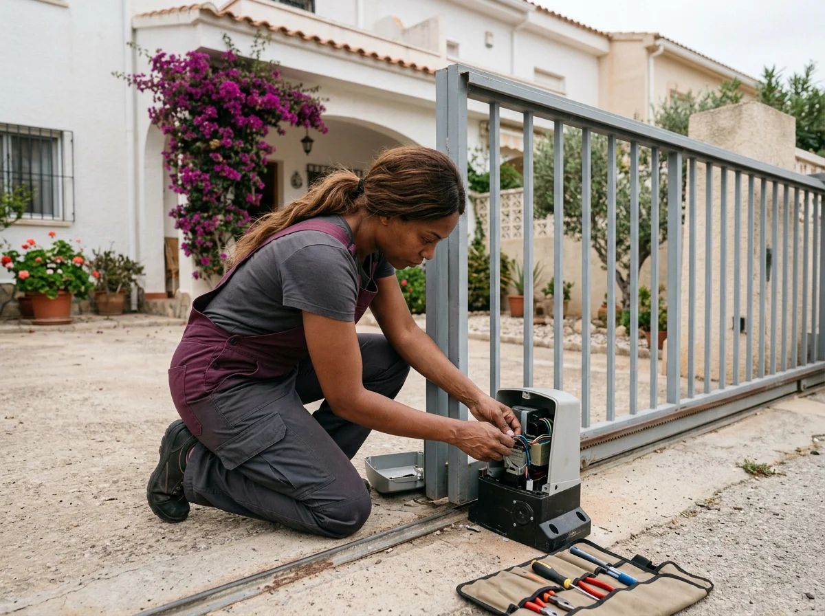 Automatismos de puertas en Orihuela: técnico revisando el motor de una puerta corredera
