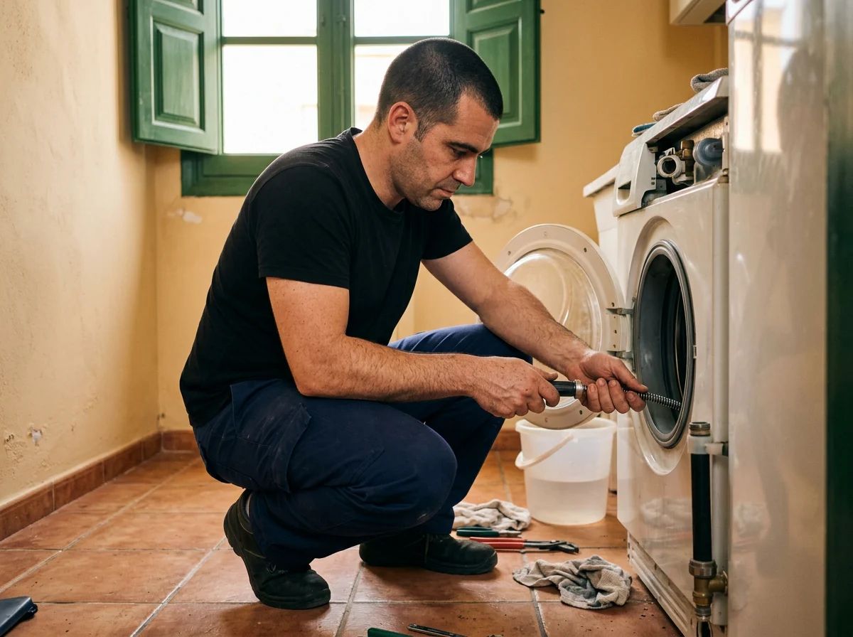 Desatascos en Benidoleig: técnico desatascando el desagüe de la lavadora