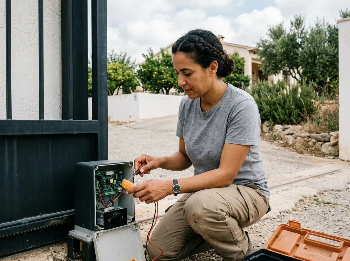 Automatismos de puertas en L'Atzúbia: técnico revisando la puerta automática de una comunidad