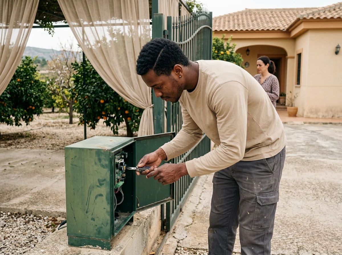 Automatismos de puertas en Benidoleig: técnico revisando la placa de control de un automatismo