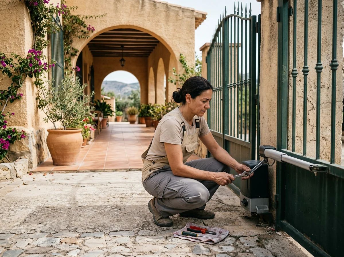 Automatismos de puertas en La Vall de Gallinera: técnico ajustando el motor de una cancela batiente