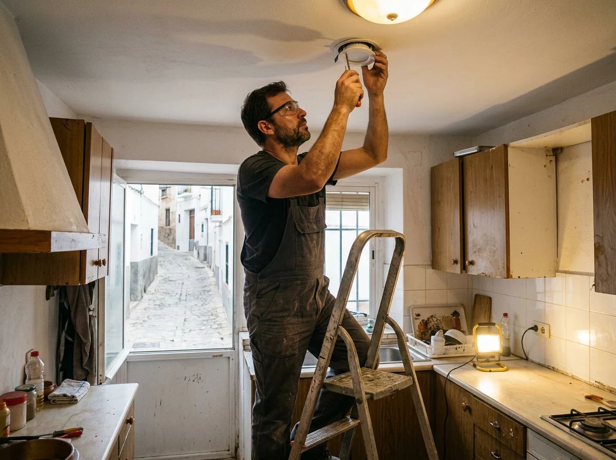 Electricistas en Busot: técnico instalando focos LED en la cocina