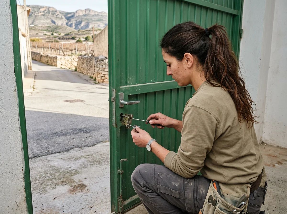 Puertas de garaje en Cañada: técnico reparando la cerradura de una puerta de garaje