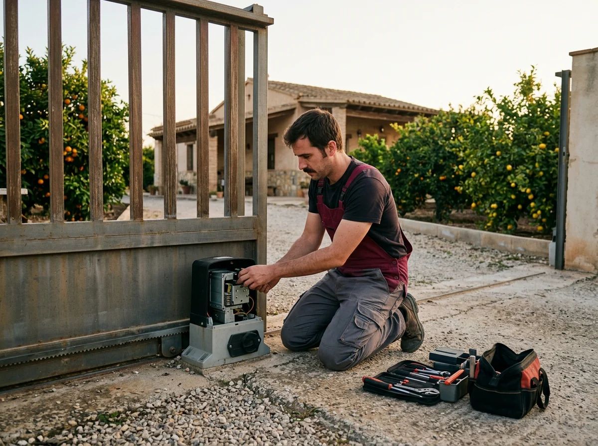 Automatismos de puertas en Formentera del Segura: técnico revisando el motor de una puerta corredera