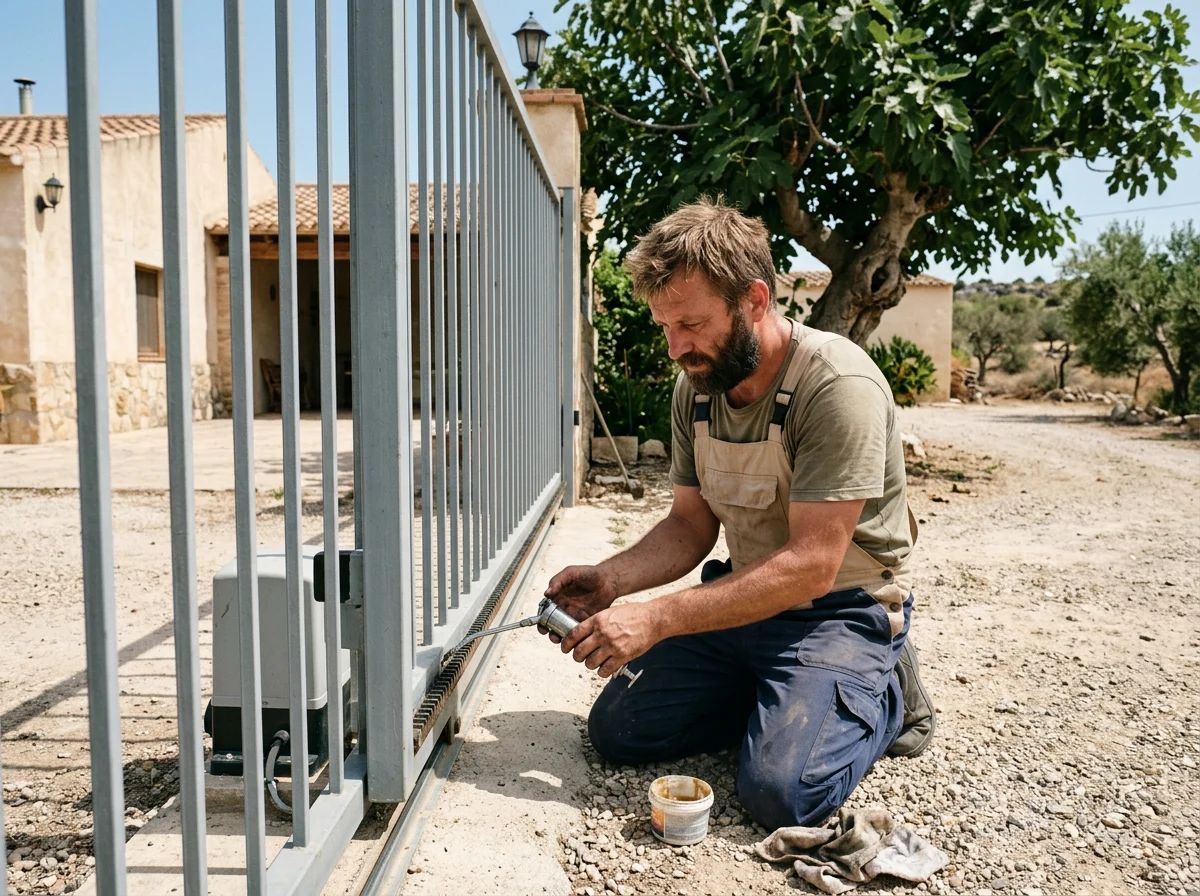 Automatismos de puertas en Salinas: técnico engrasando la cremallera de una puerta corredera