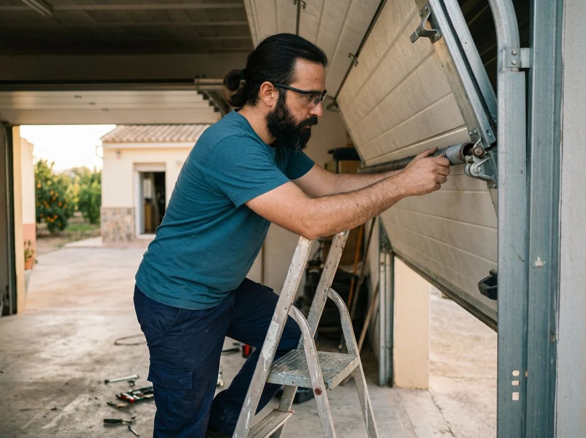 Puertas de garaje en Benferri: técnico ajustando los muelles de una puerta seccional