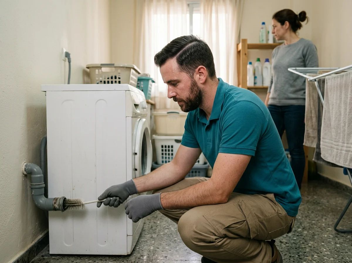 Desatascos en Petrer: técnico desatascando el desagüe de la lavadora