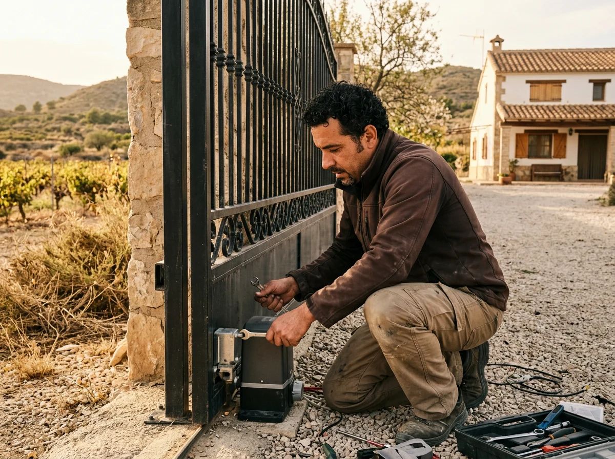 Automatismos de puertas en La Romana: técnico instalando un motor en una cancela de campo