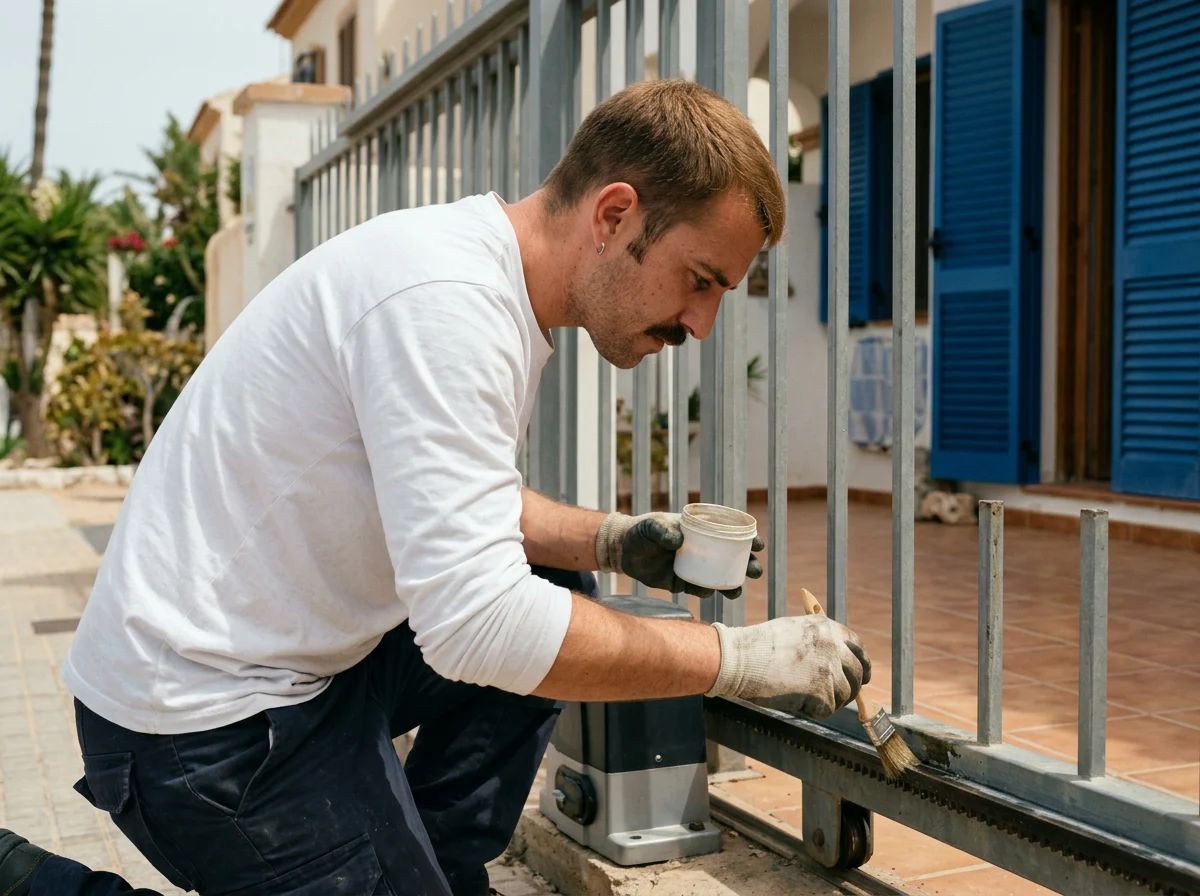 Automatismos de puertas en Altea: técnico engrasando la cremallera de una puerta corredera