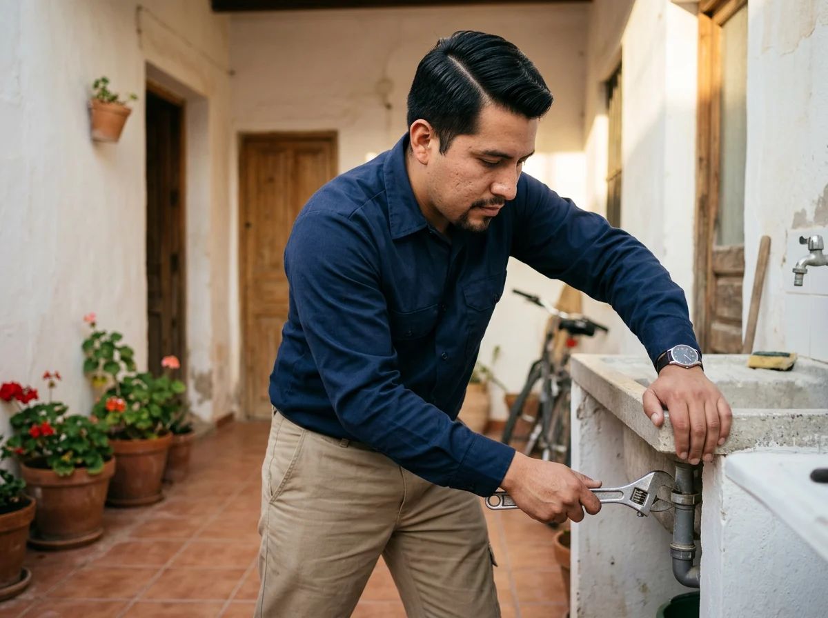 Fontaneros en Daya Vieja: técnico reparando la pila del patio