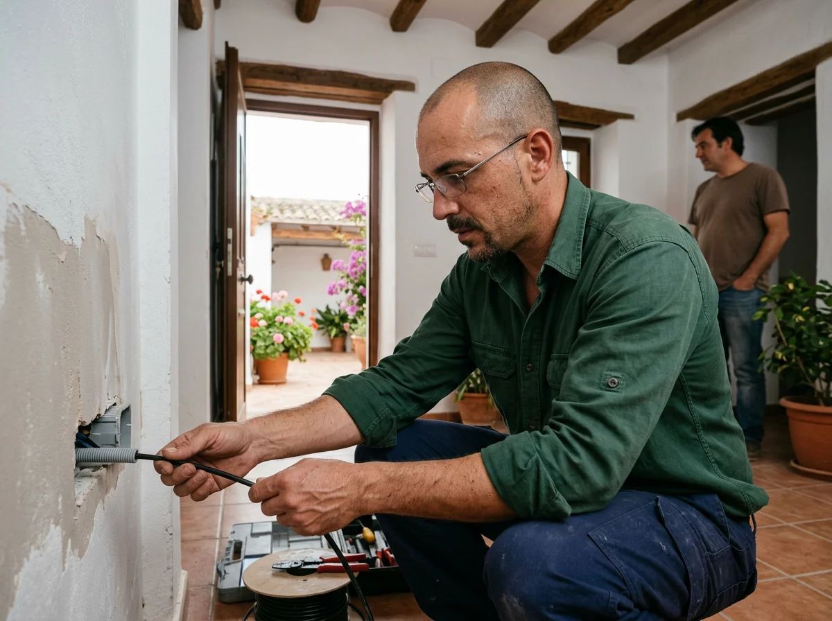 Electricistas en Almoradí: técnico pasando cable nuevo por el tubo