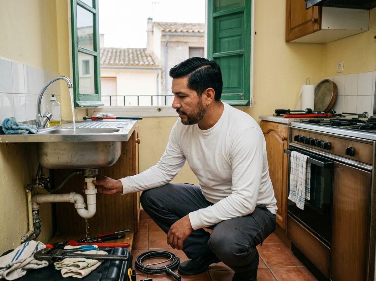 Desatascos en La Vall de Gallinera: técnico comprobando el desagüe de la cocina