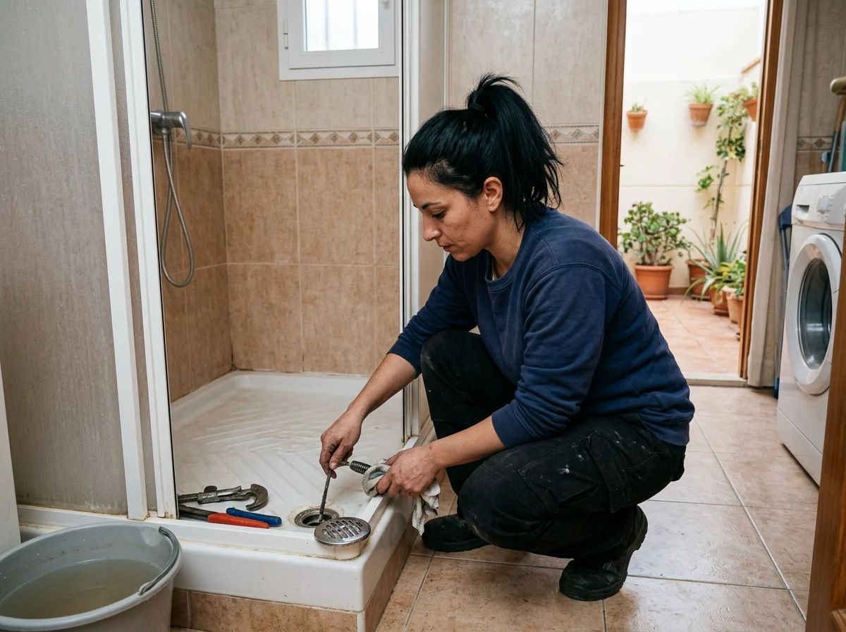 Desatascos en Mutxamel: técnico desatascando el desagüe de la ducha