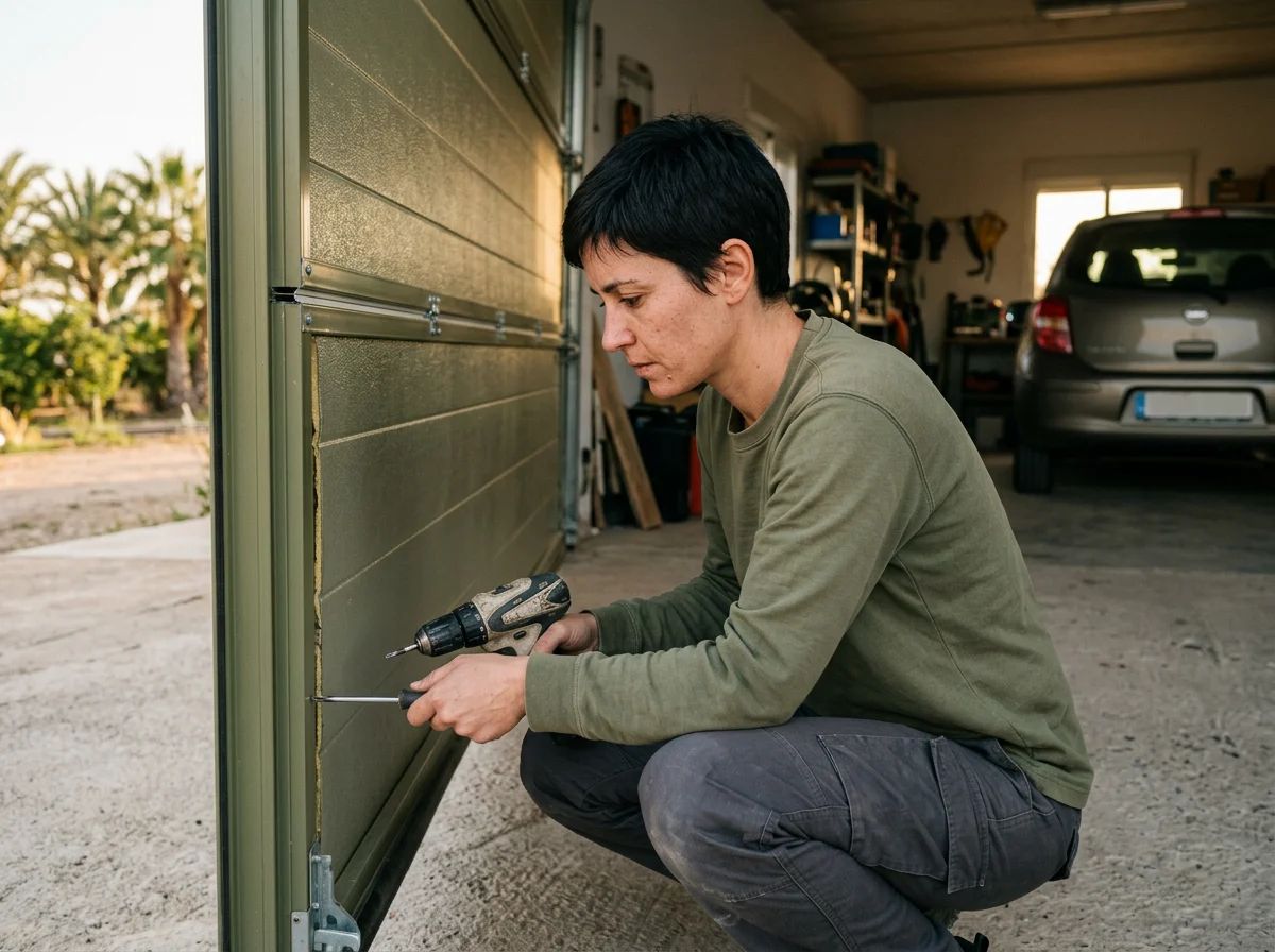 Puertas de garaje en Albatera: técnico cambiando un panel de una puerta seccional