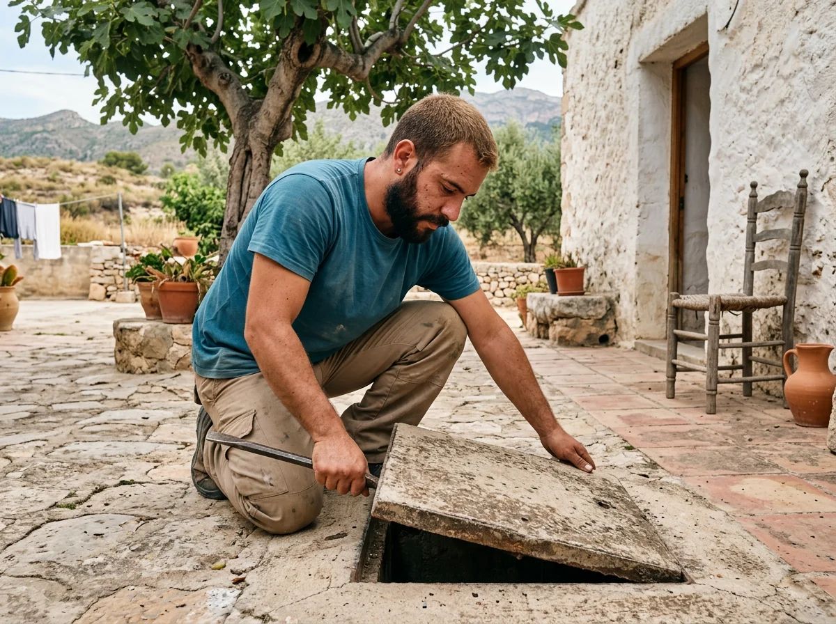 Desatascos en Algueña: técnico abriendo una arqueta
