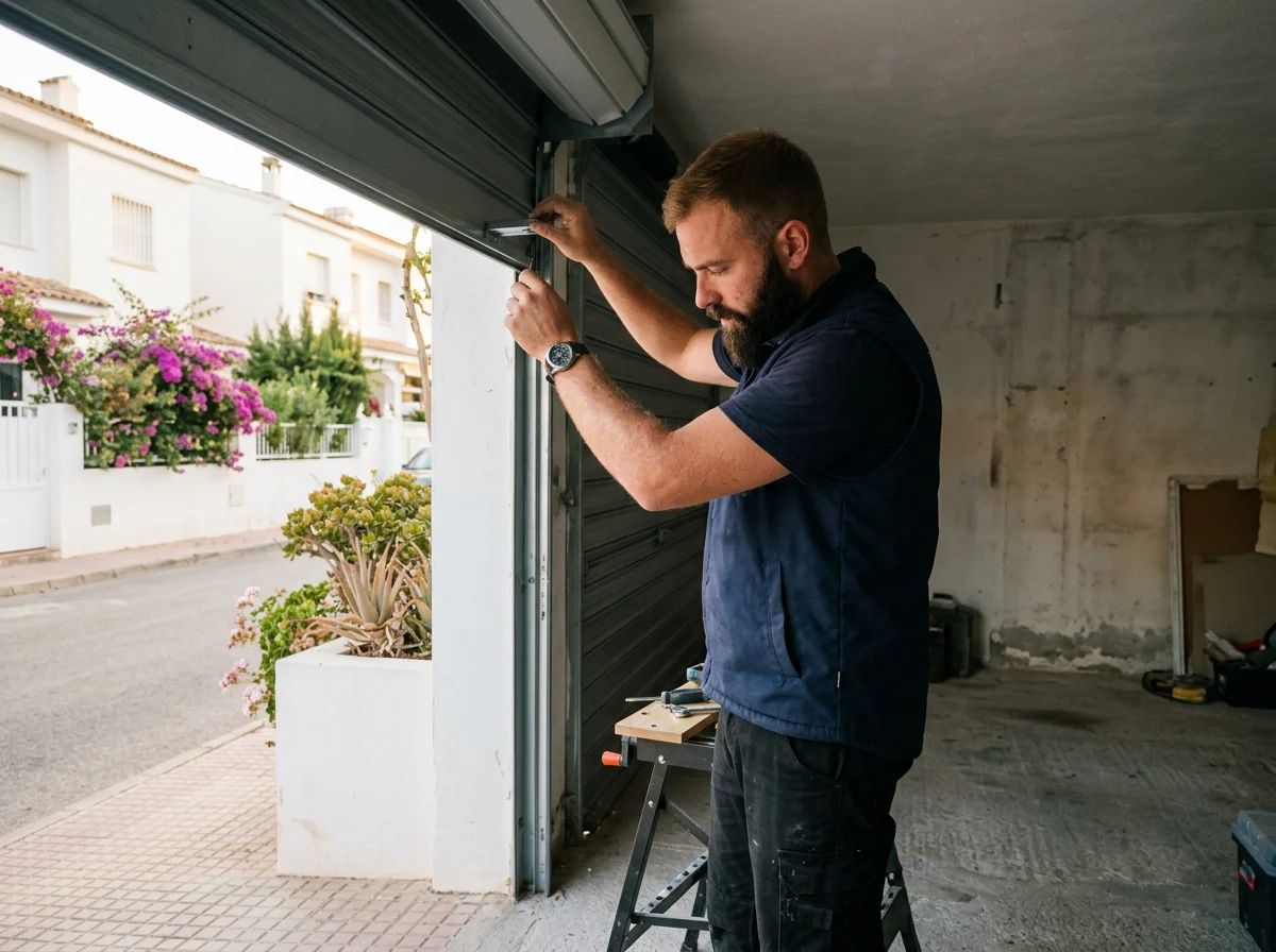 Puertas de garaje en Dénia: técnico instalando una puerta enrollable