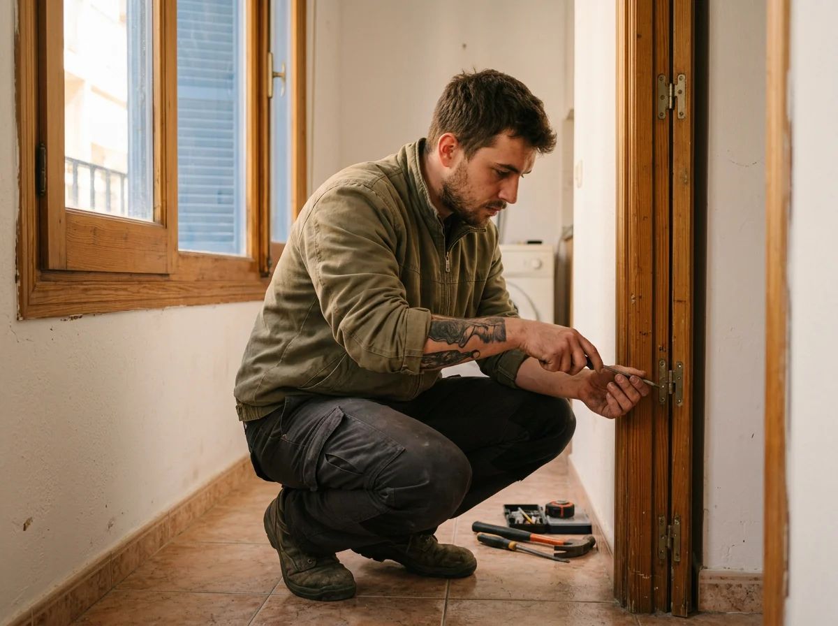 Cerrajeros en Calp: técnico ajustando las bisagras de una puerta que no cierra bien