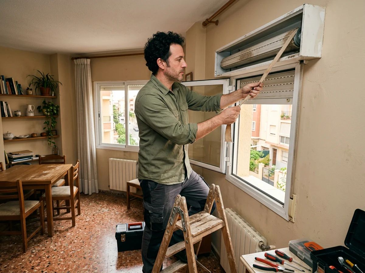Reparación de persianas en Pinoso: técnico cambiando la cinta de una persiana