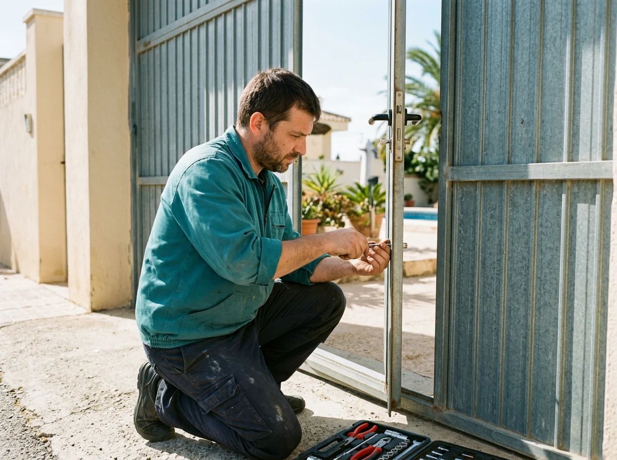 Puertas de garaje en Guardamar del Segura: técnico reparando la cerradura de una puerta de garaje