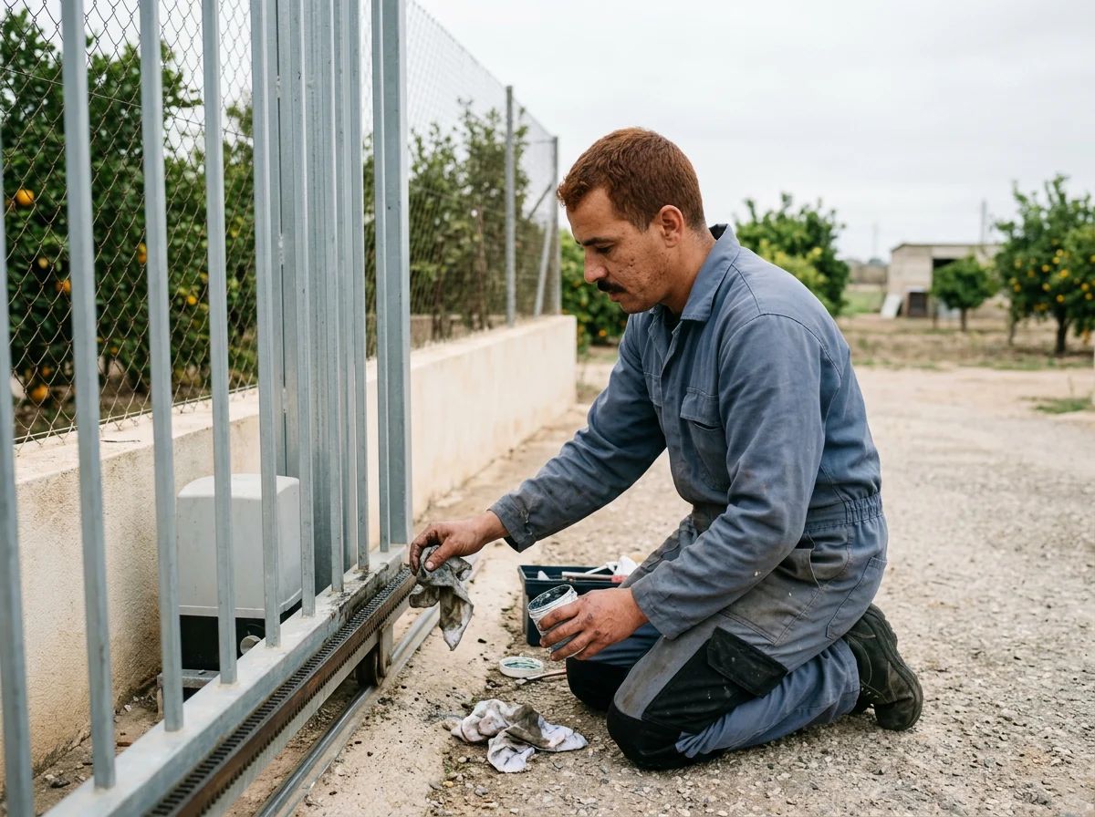 Automatismos de puertas en San Isidro: técnico engrasando la cremallera de una puerta corredera