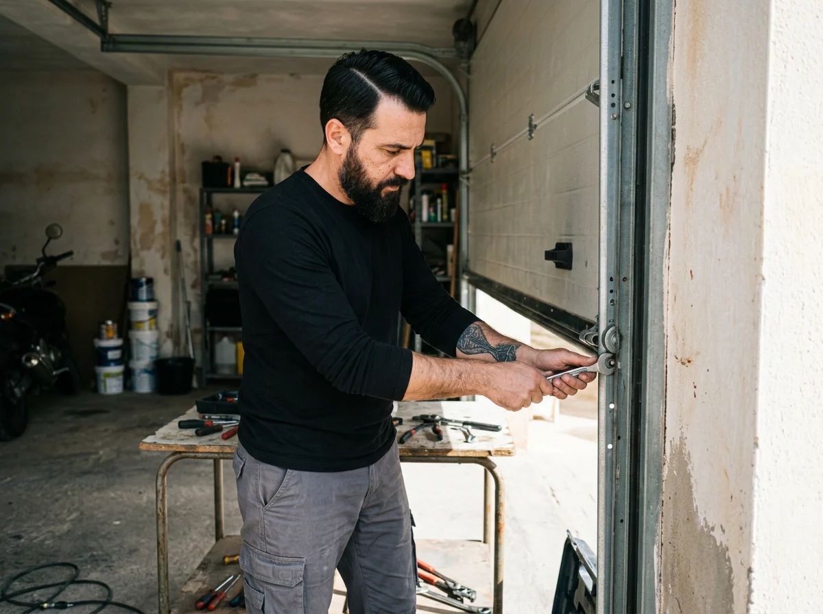 Puertas de garaje en Almoradí: técnico reparando las ruedas de una puerta de garaje