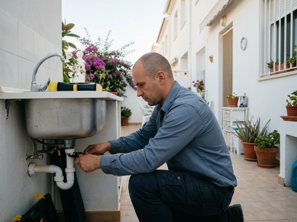 Fontaneros en Finestrat: técnico reparando la pila del patio
