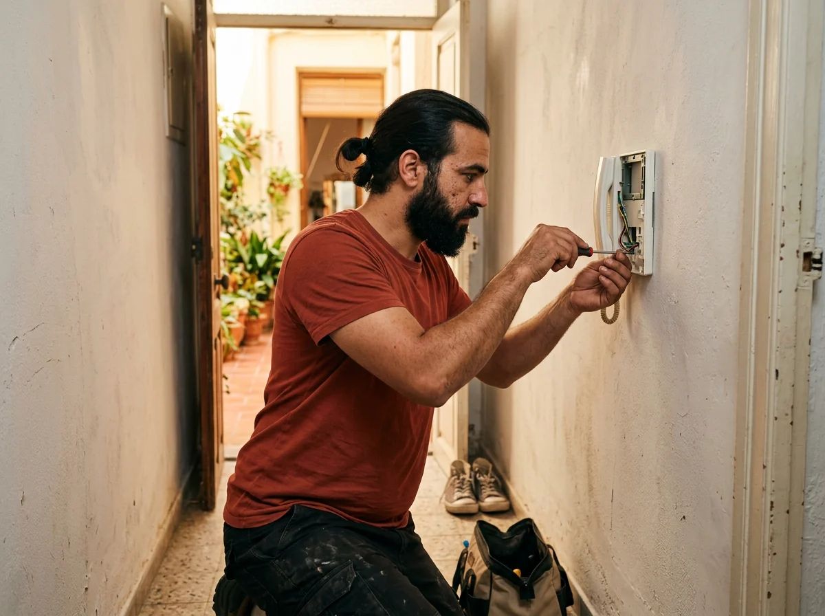 Electricistas en Elche: técnico instalando un videoportero