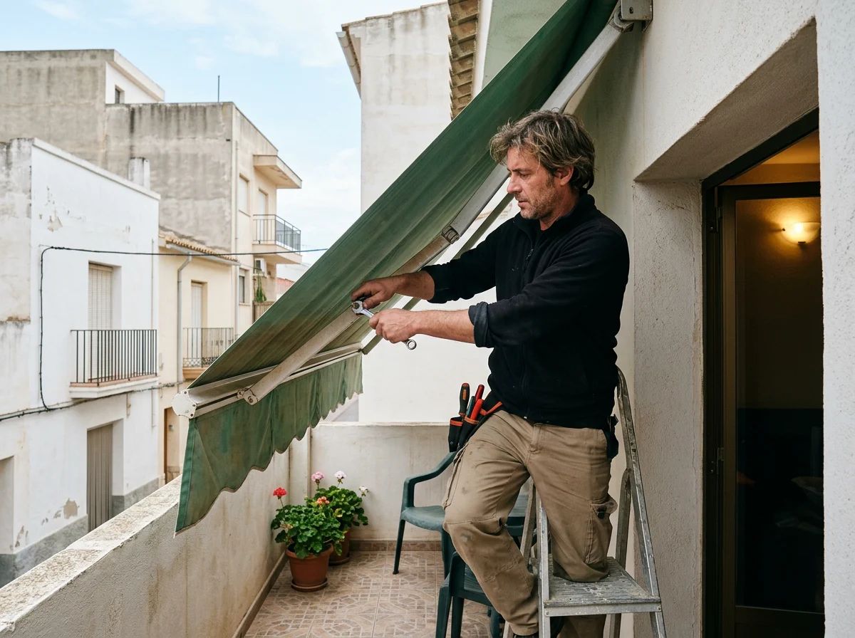 Reparación de persianas en Redován: técnico reparando un toldo