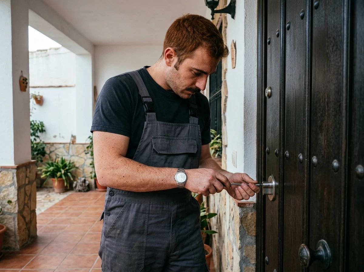 Cerrajeros en Benijófar: técnico instalando un bombín antibumping en una puerta blindada