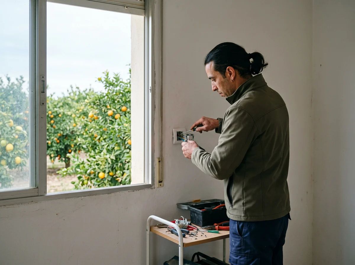 Reparación de persianas en Jacarilla: técnico instalando el interruptor de una persiana motorizada