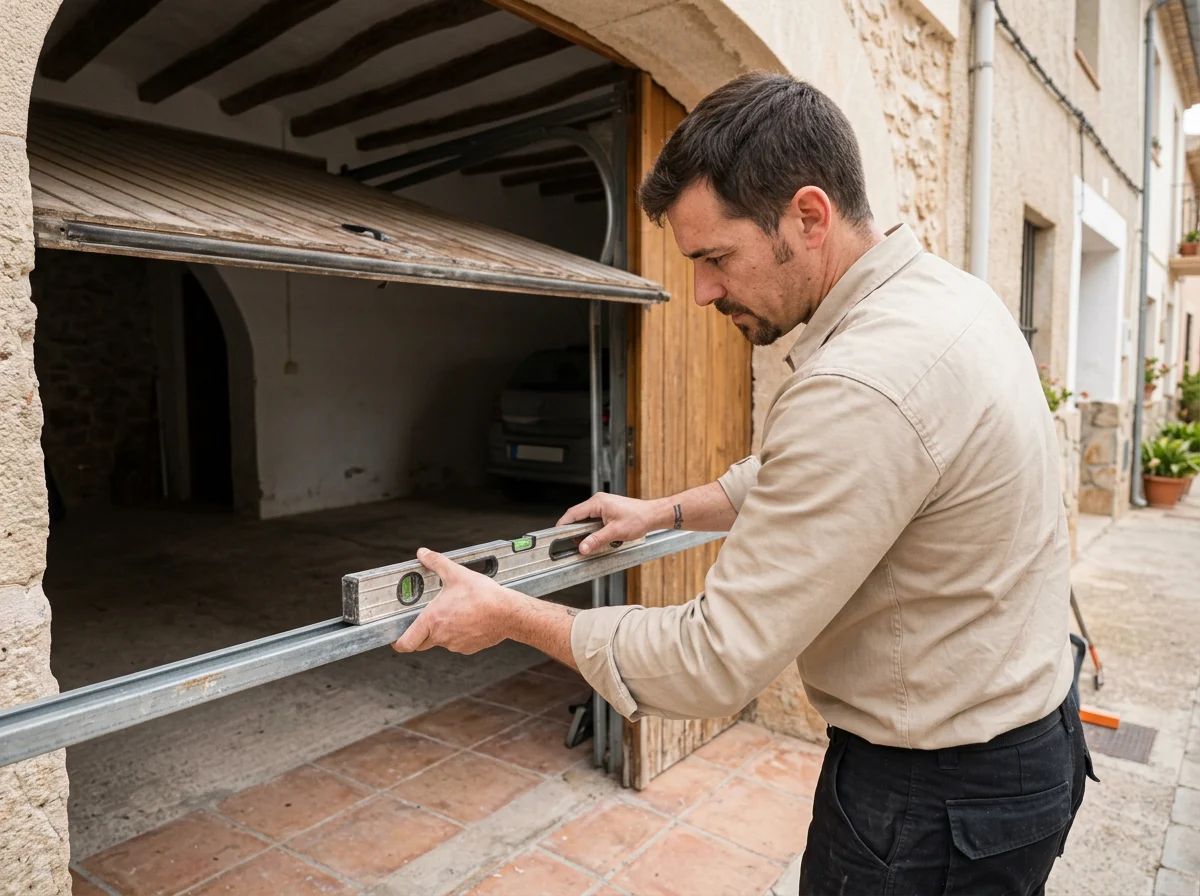 Puertas de garaje en Ondara: técnico alineando los carriles de una seccional