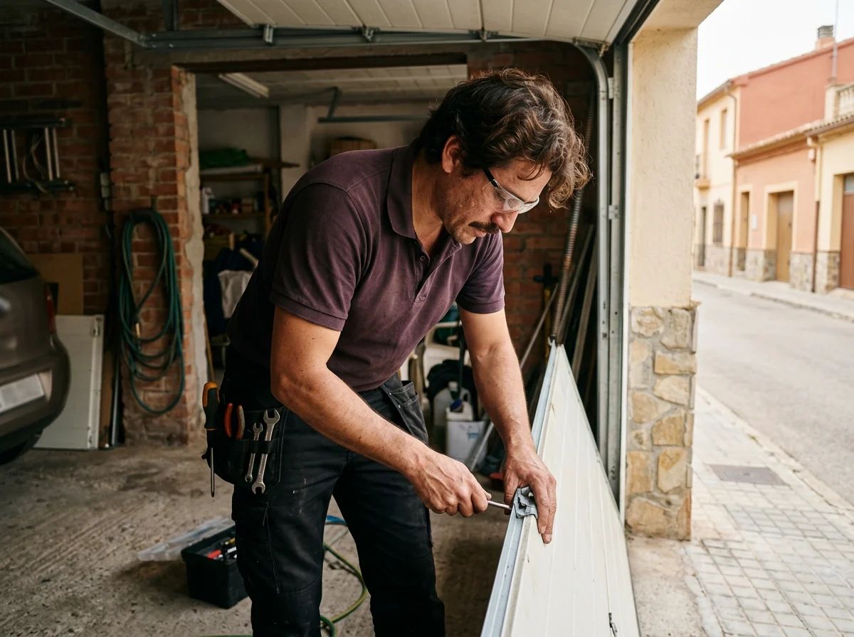 Puertas de garaje en Pinoso: técnico cambiando un panel de una puerta seccional