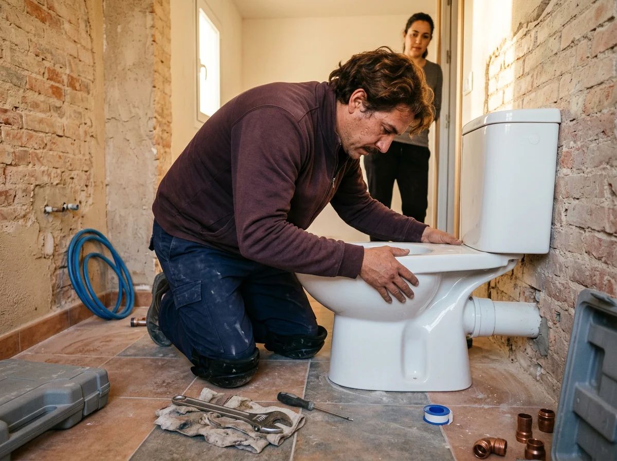 Fontaneros en Cañada: técnico instalando un inodoro