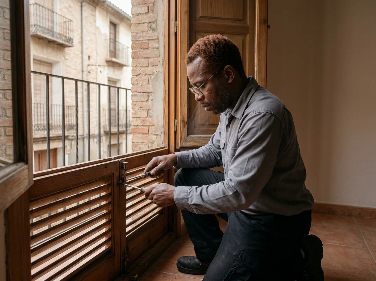 Reparación de persianas en Gaianes: técnico reparando una persiana de madera