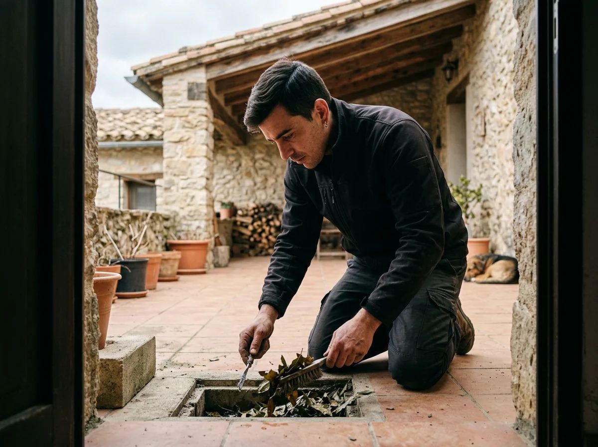 Desatascos en Benilloba: técnico limpiando el sumidero de una terraza