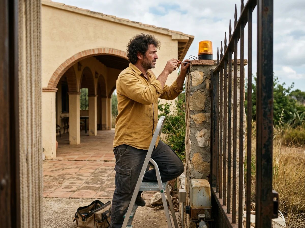 Automatismos de puertas en Bolulla: técnico instalando la luz de aviso de una puerta automática