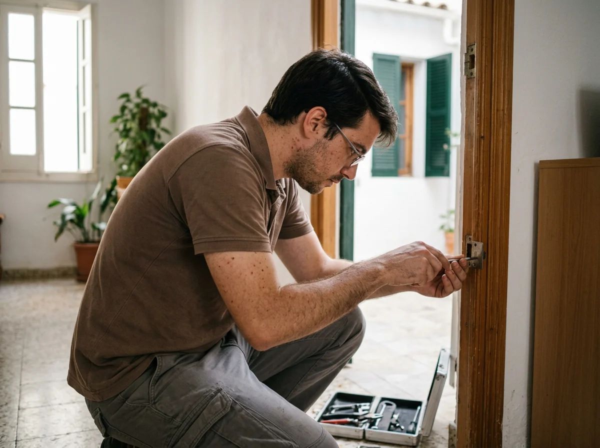 Cerrajeros en Benigembla: técnico ajustando las bisagras de una puerta que no cierra bien
